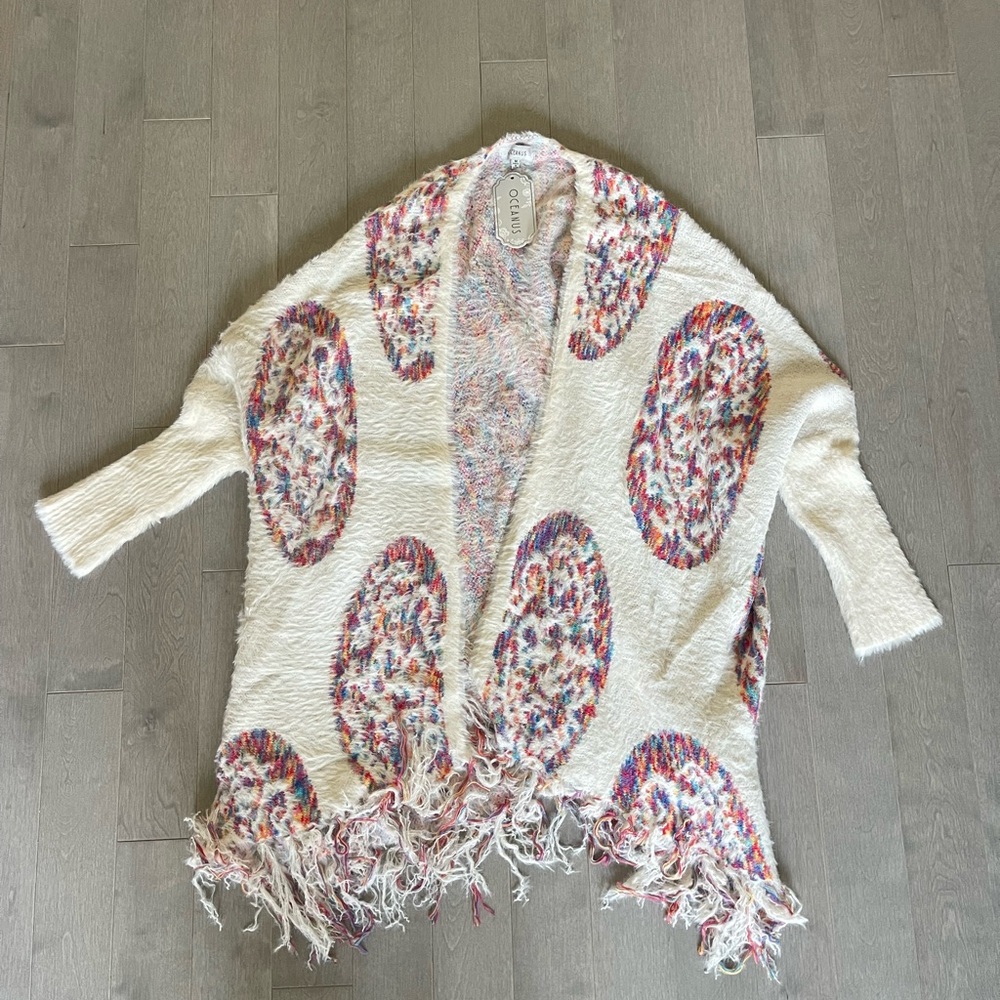 Chic Women's Cream and Multicolor Fringe Cardigan